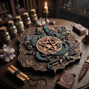 May include: A circular wooden altar tile featuring a central carved pentagram surrounded by a coiled teal snake and intricate floral motifs. The dark wood surface displays detailed relief work, with natural textures and a rich, deep brown finish.