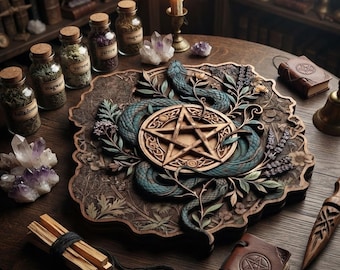 Snake Pentagram Wooden Wall Art, Witchcraft Pagan Decor, Pentacle Wall Hanging, Serpent Occult Symbol Home Accent