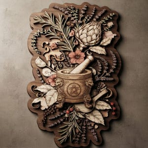 Può includere: Una placca da parete in legno con un mortaio e un pestello intagliati, decorati con un simbolo a pentagramma e teste di leone. Il design è circondato da complessi rilievi di carciofi, rametti di lavanda, rosmarino e varie foglie botaniche.