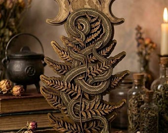 Triple Moon Snake Wooden Wall Art, Serpent Fern Botanical Decor, Witchy Celestial Wall Hanging, Pagan Wiccan Home Accent