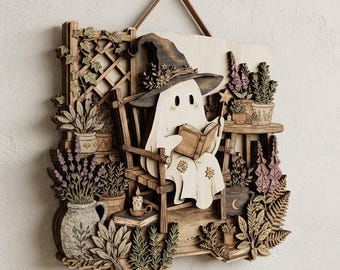 Spooky Ghost Reading Books Wooden Wall Art, Halloween Witchy Decor, Book Lover Wall Hanging, Plant Lover Gothic Home Accent