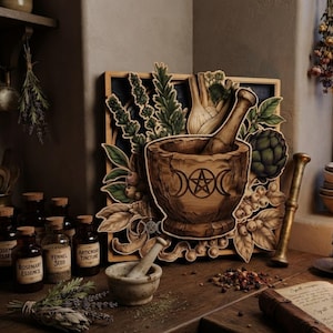 Op de afbeelding: Een vierkant houten wandkunstwerk met een uitgesneden vijzel en stamper met een drievoudig maan- en pentagramsymbool, omringd door gelaagde illustraties van kruiden, venkel en artisjokken tegen een donkerblauwe achtergrond.