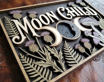 Moon Child Wooden Wall Art, Celestial Floral Boho Decor, Witchy Wiccan Wall Hanging, Lunar Botanical Home Accent