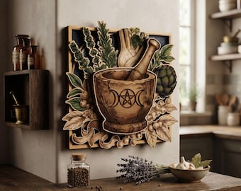 Witch Apothecary Herbal Wooden Wall Art, Kitchen Witch Decor, Botanical Potion Wall Hanging, Wiccan Cottagecore Home Accent