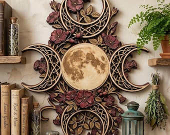 Decorazione murale in legno con tripla luna e motivi floreali, decorazioni con fasi lunari, arazzo pagano e stregonesco, complemento d'arredo botanico celeste wiccan per la casa.