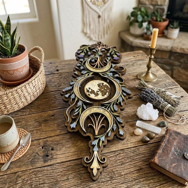 Dreifache Mondphase, florale Holzwandkunst, Witchy Pagan-Dekor, Wicca-himmlische Wandbehang, mystischer Mond-Hausakzent