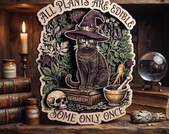 All Plants Are Edible Witchy Cat Wooden Wall Art, Funny Gardener Decor, Botanical Cat Wall Hanging, Plant Lover Gift