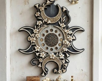 Triple Moon Floral Wooden Wall Art, Blue Moon Phase Witchy Decor, Pagan Wiccan Wall Hanging, Celestial Botanical Home Accent