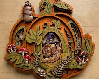 Witchy Snail Pumpkin House Wooden Wall Art, Cottagecore Fantasy Decor, Woodland Halloween Wall Hanging, Magical Home Accent