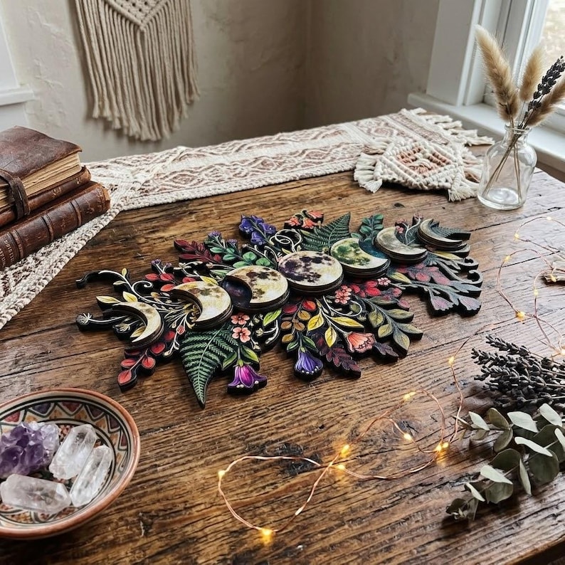 Pu&ograve; includere: Una decorazione da parete in legno con una disposizione orizzontale delle fasi lunari circondate da elementi botanici dipinti dai colori vivaci, tra cui felci verdi, bacche rosse e fiori viola, realizzati con dettagli intagliati al laser.