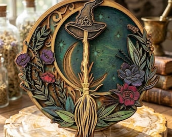 Celestial Moon Broom Wooden Sign, Witchcraft Blessing Board, Pagan Witchy Decor, Mystical Moon Wall Hanging