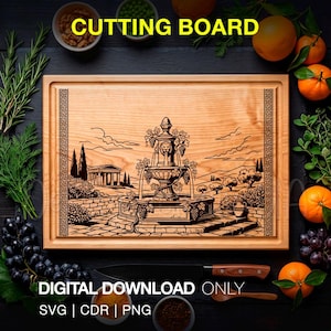 May include: A rectangular wooden cutting board featuring a laser-engraved illustration of a central lion-head fountain surrounded by grapevines, a classical temple, and a landscape. The board has a Greek key border on the left and right sides.