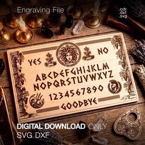 May include: A rectangular wooden spirit board featuring laser-engraved designs including a Medusa head, Greek-style columns, and a helmet. The board displays the alphabet, numbers zero through nine, and the words YES, NO, and GOODBYE, with a matching planchette.
