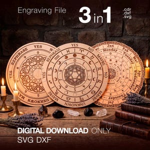 Pendelbrett-SVG-Bundle, 3-in-1-Laserdateien für Geisterbretter, Ouija-Altar-Dekoration, Hexenbox-Gravur, Sternzeichen-Mond-Tarotbox-DXF-Download