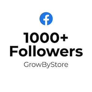 May include: A graphic design featuring the blue Facebook logo at the top, followed by the bold black text 1000+ Followers, and the smaller grey text GrowByStore centered below, all presented against a plain white background.