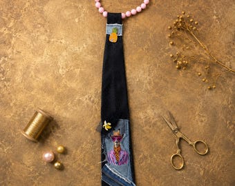 Giraffe Tie Necklace, Quirky Wearable Art with Denim & Banana Charm, Upcycled Necktie Statement Necklace, Handmade OOAK Gift