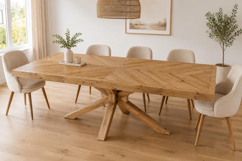 May include: A rectangular light brown wooden dining table with a herringbone pattern on the tabletop and a central cross-legged base, surrounded by six upholstered cream-colored chairs with light brown wooden legs.