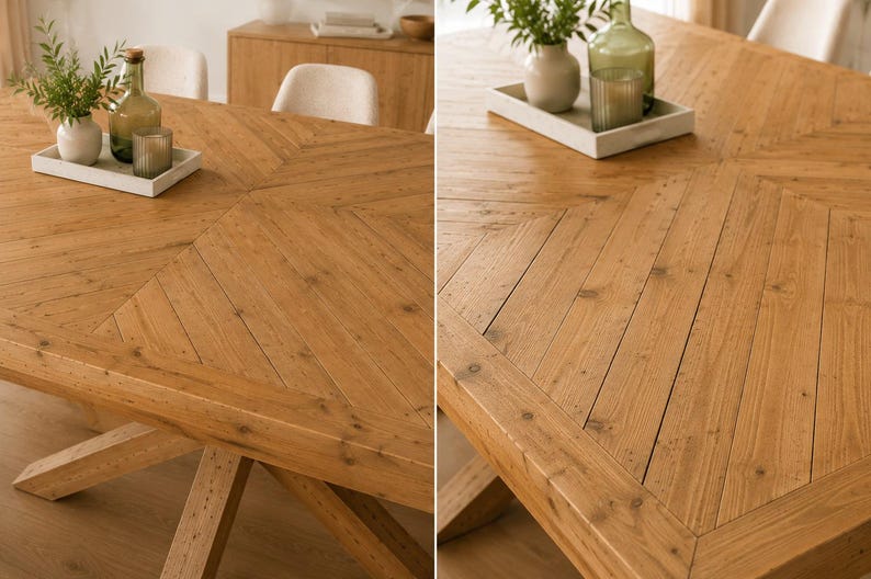 Solid Pine Dining Table Herringbone Pattern Natural Wood Table Modern Rustic Kitchen and Living Room Table image 6