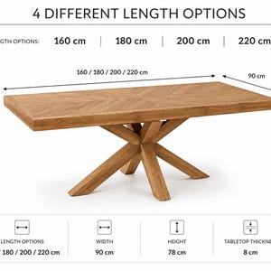 May include: A rectangular wooden dining table with a herringbone pattern tabletop and a central star-shaped base. The table has a height of 78 cm, a width of 90 cm, and a tabletop thickness of 8 cm. Available in lengths of 160 cm, 180 cm, 200 cm, and 220 cm.