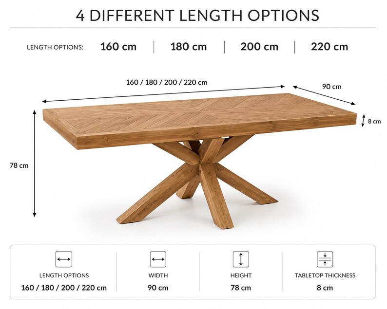 May include: A rectangular wooden dining table with a herringbone pattern tabletop and a central star-shaped base. The table has a height of 78 cm, a width of 90 cm, and a tabletop thickness of 8 cm. Available in lengths of 160 cm, 180 cm, 200 cm, and 220 cm.