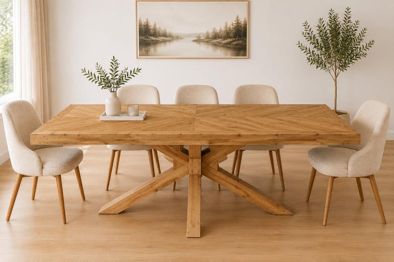 May include: A rectangular wooden dining table with a herringbone pattern top and a central cross-leg base, surrounded by six upholstered chairs with light beige fabric and tapered wooden legs, featuring a white tray with a vase and candle.