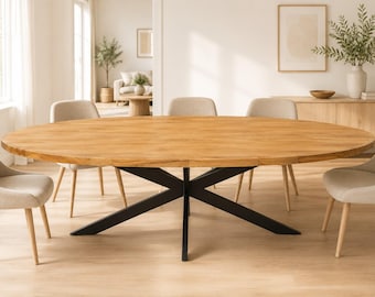 Oval Solid Oak Dining Table   Modern Design with Black Metal Cross Legs   Handmade Natural Wood Kitchen and Living Room Table