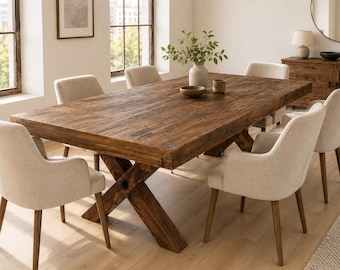 Rustic Solid Wood Dining Table   Cross Legged Natural Wood Design   Modern Farmhouse Style Kitchen Table