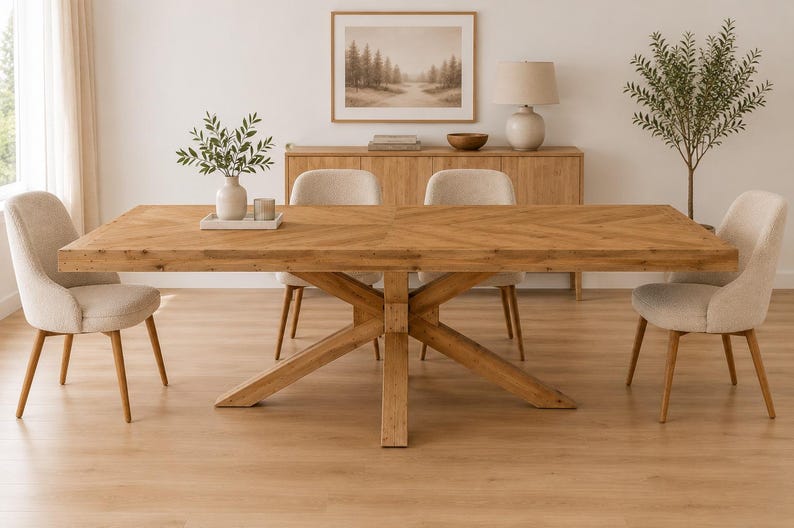 May include: A rectangular wooden dining table with a herringbone pattern tabletop and a central X-shaped base, accompanied by four upholstered chairs with light beige fabric and tapered wooden legs, arranged in a bright, neutral-toned room.