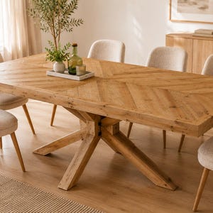 Solid Pine Dining Table   Herringbone Pattern Natural Wood Table   Modern Rustic Kitchen and Living Room Table