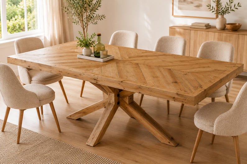 May include: A rectangular light brown wooden dining table with a chevron pattern tabletop and a central cross-legged base. The table is surrounded by six cream-colored upholstered chairs with light brown wooden legs, arranged in a dining room.