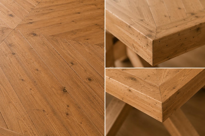 May include: A light brown wooden table featuring a distinct herringbone pattern on the tabletop surface. The wood displays a natural grain with visible knots and a smooth finish, showcasing the joinery at the corners and the sturdy construction.