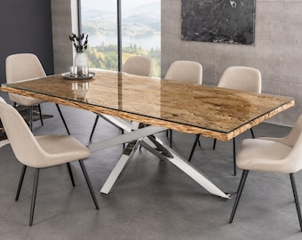 Natural Teak Wood and Glass Dining Table   Luxury Design with Modern Chrome Legs  Handmade Minimalist Kitchen and Living Room Table