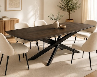 Modern Wooden Dining Table   X Leg Solid Wood Table   Dark Walnut Look Kitchen Table   Minimalist Design Dining Room Furniture