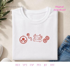 May include: A white t-shirt featuring a red line art embroidery design of a floral embroidery hoop, a measuring tape, a sewing machine, and a ball of yarn. The text StudioLittleStudio, Digital download, HUS, VP3, EXP, PES, JEF, and DST are visible.