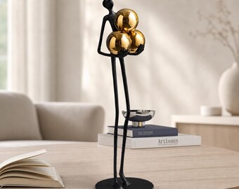 Black Minimalist Metal Sculpture Abstract Figure Statue Gold Ball Desktop Decor Gift