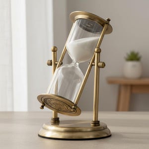 May include: A brass-toned metal hourglass featuring a rotating frame and clear glass bulbs filled with white sand. The base and top caps are circular with decorative engravings, and the structure is supported by two vertical pillars.
