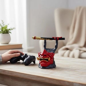 May include: A red and black oni mask controller stand featuring gold-colored fangs and horns, designed to hold a gaming controller. The mask has a textured base and supports a horizontal black and gold rod across the top for additional storage.