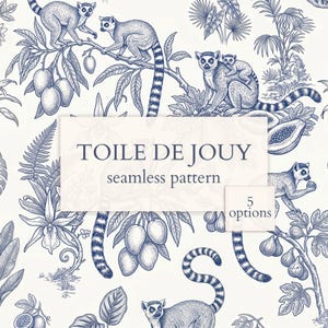 Tropical Lemur Toile de Jouy Seamless Pattern, Vintage Botanical Jungle Digital Paper