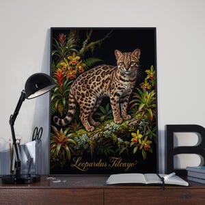 May include: A framed wall art print featuring a spotted wild cat standing on a mossy tree branch surrounded by tropical bromeliads and yellow orchids against a black background, with the text "Leopardus Tilcayo" printed in gold script at the bottom.