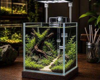 Nano-Aquarium-Standfuß mit Profi-Bepflanztem Tank-Licht | Solid Wood Desktop Planted Tank Kit | Terrarium Basis | Randlose Aquascape Einrichtung