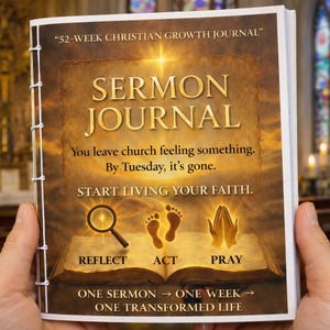 May include: A 52-week Christian growth journal with a spiral binding. The cover features a golden, glowing background with an open book illustration, a magnifying glass, footprints, and praying hands. Text includes: SERMON JOURNAL, REFLECT, ACT, PRAY.