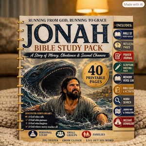 Puede incluir: Un paquete de estudio bíblico sobre Jonás con encuadernación en espiral que muestra una gran ballena emergiendo de las olas detrás de un hombre. La portada incluye el texto Running From God, Running To Grace, Jonah Bible Study Pack y 40 páginas.