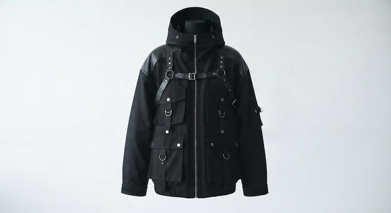 K&ouml;nnte beinhalten: Eine schwarze Kapuzenjacke mit Frontrei&szlig;verschluss, mehreren Utility-Taschen mit silberfarbenen Druckkn&ouml;pfen und einem integrierten Gurtsystem mit verstellbaren Riemen, Metallringen und Nieten &uuml;ber Brust und Schultern.