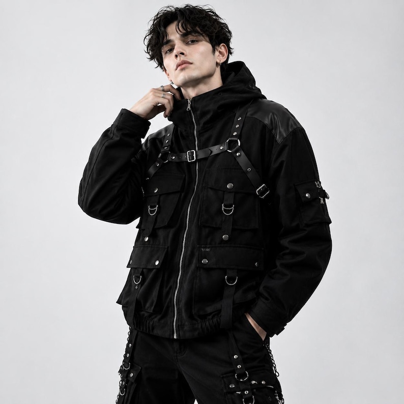K&ouml;nnte beinhalten: Eine schwarze Kapuzenjacke mit Frontrei&szlig;verschluss, mehreren Utility-Taschen mit Druckkn&ouml;pfen und einem integrierten Gurtsystem mit verstellbaren Riemen, Metallschnallen und D-Ringen &uuml;ber Brust und Schultern.