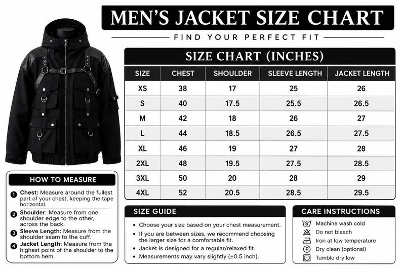 K&ouml;nnte beinhalten: Eine schwarze Kapuzenjacke mit Gurtzeug, mehreren Taschen und Metallringen, dargestellt neben einer Gr&ouml;&szlig;entabelle in Zoll, einer Messanleitung und Pflegehinweisen. Der Text enth&auml;lt MEN'S JACKET SIZE CHART und SIZE CHART (INCHES).