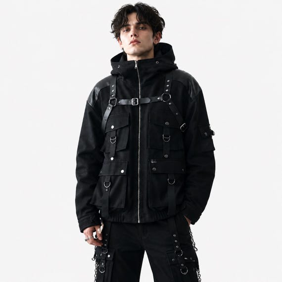 Gothic Techwear Jacket, Black Utility Cargo Jacket, Cyberpunk Tactical Streetwear Coat