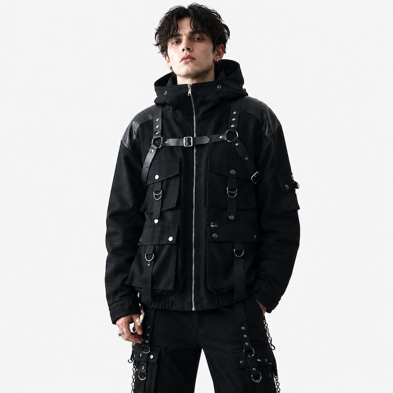 K&ouml;nnte beinhalten: Eine schwarze Kapuzenjacke mit durchgehendem Frontrei&szlig;verschluss, mehreren Utility-Taschen mit silberfarbenen Druckkn&ouml;pfen und einem integrierten Gurtsystem mit verstellbaren Riemen, Metallschnallen und D-Ringen an Brust und Schultern.