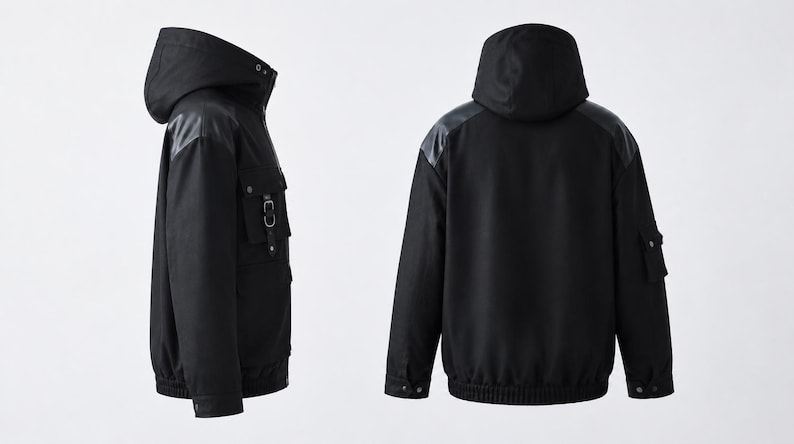 K&ouml;nnte beinhalten: Eine schwarze Kapuzenjacke in Vorder- und R&uuml;ckansicht. Die Jacke verf&uuml;gt &uuml;ber eine Kapuze, lange &Auml;rmel mit B&uuml;ndchen, einen gerippten Saum sowie mehrere Utility-Taschen mit Riemen und Metallbeschl&auml;gen an der Vorderseite und am &Auml;rmel.