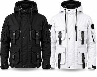 Könnte beinhalten: Zwei Kapuzenjacken, eine schwarze und eine weiße, mit mehreren Utility-Taschen mit schwarzen Schnallenriemen, einem Frontreißverschluss mit Druckknopfleiste, langen Ärmeln mit verstellbaren Bündchen und einem hohen Kragen mit Kordelzug.