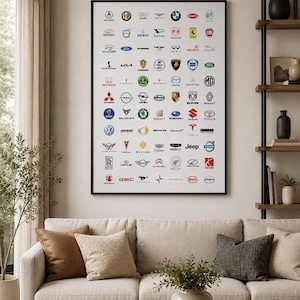 May include: A rectangular wall poster in a black frame featuring a grid of numerous automotive brand logos arranged in rows and columns. The white background displays various colorful and monochromatic car manufacturer emblems, including Acura, Audi, BMW, Chevrolet, Ford, Honda, Jeep, Kia, Lamborghini, Mercedes-Benz, Porsche, Tesla, Toyota, and Volvo.